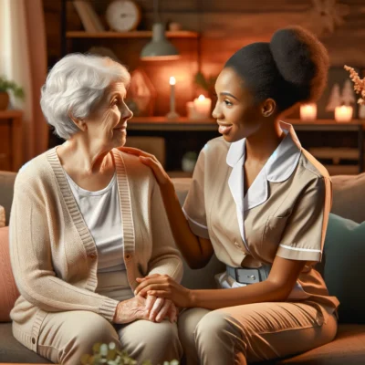 DALL·E 2024 04 12 10.38.15 A heartwarming scene depicting companionship services in a cozy home setting. The image features a professional black female caregiver and an elderly