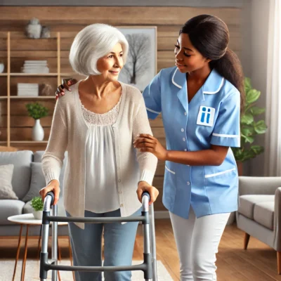 DALL·E 2024 08 02 11.48.05 A professional and realistic image depicting a compassionate caregiver from iHomecare Solutions, LLC assisting an elderly woman in her home. The scene